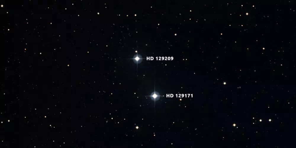 HD 129209/HD 129171 — пара солнцеподобных звёзд на расстоянии около 180 световых лет. Различия в содержании бериллия указывают на то, что HD 129171 в прошлом поглотила каменистую планету. Исследование показывает, что звезда поглотила около 11 масс Земли каменистого материала. Фото: Digital Sky Survey/Aladin/Anne Rathsam.