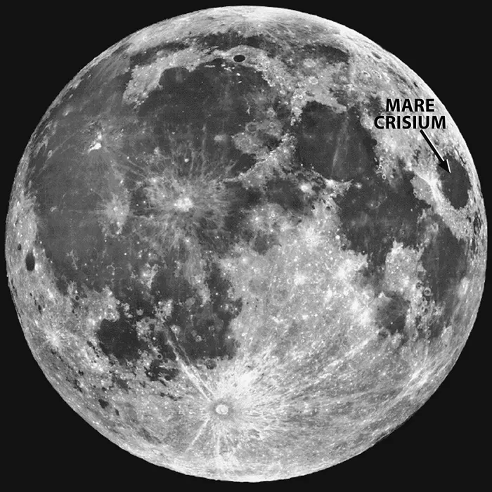Mare Crisium, an ancient, 350-mile-diameter impact basin that subsequently filled with lava. The basin is one of many large dark spots on the Moon’s surface visible to the naked eye. They were dubbed lunar maria, Latin for 